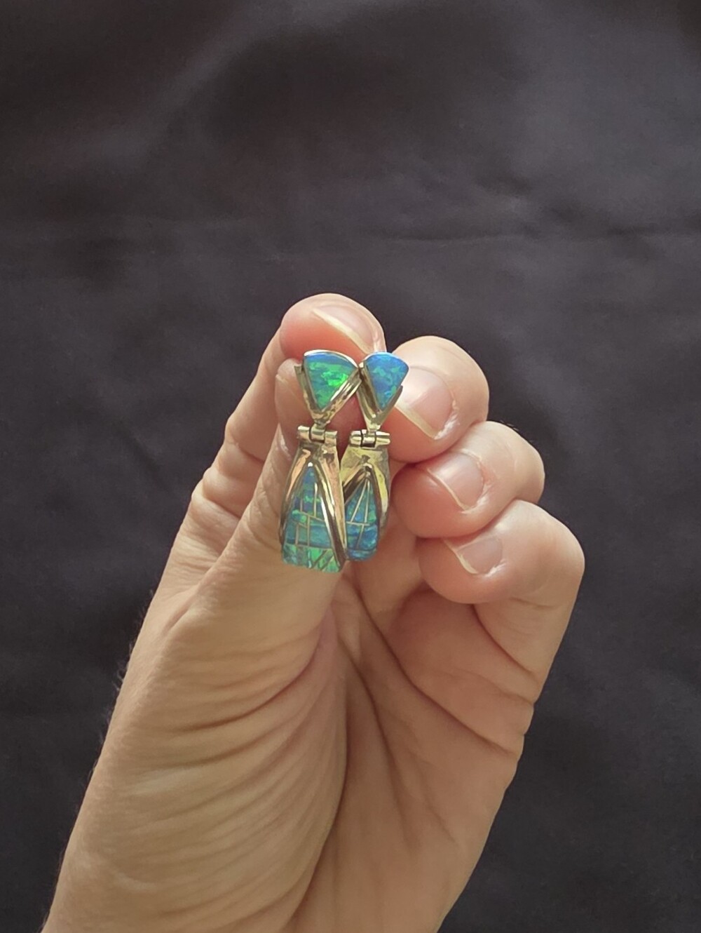 Navajo Marilyn Yazzie Sterling Silver Lab Opal Inlay Dangle Hinge Earrings Vtg - Picture 10 of 12